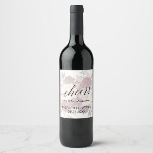 Elegant Calligraphy  Faded Floral Cheers Wedding Wine Label