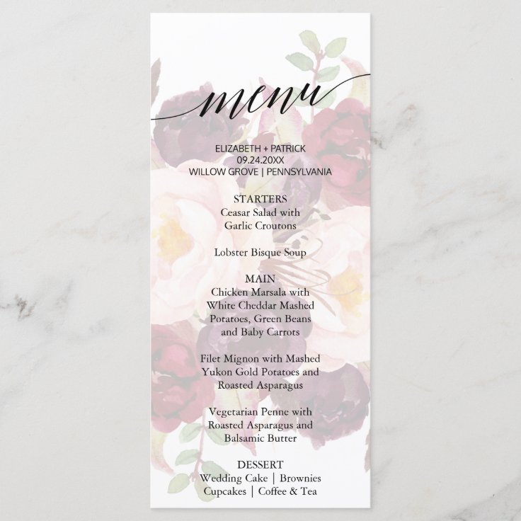 Elegant Calligraphy Faded Floral Dinner Menu Card Zazzle