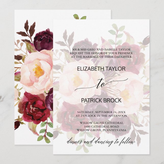 Elegant Calligraphy | Faded Floral Formal Wedding Invitation (Front/Back)
