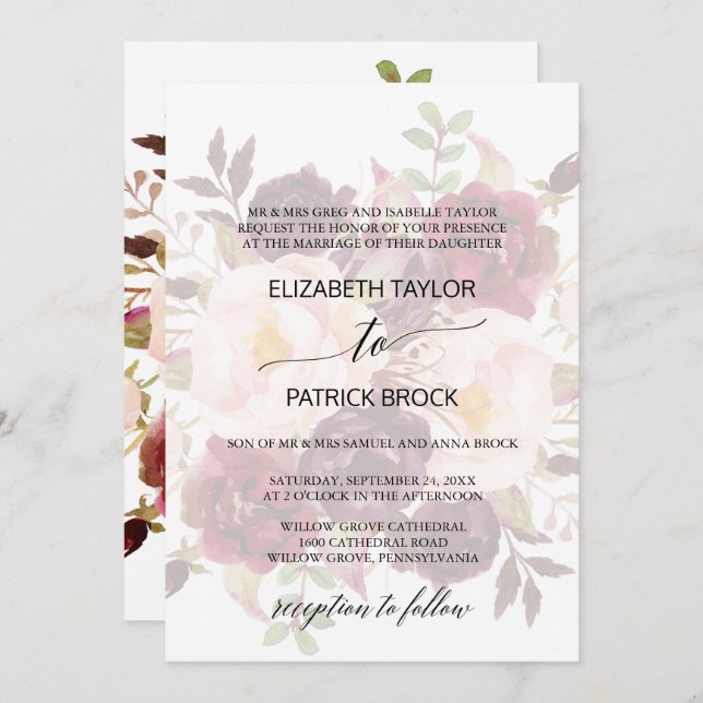 Elegant Calligraphy | Faded Floral Formal Wedding Invitation (Front/Back)