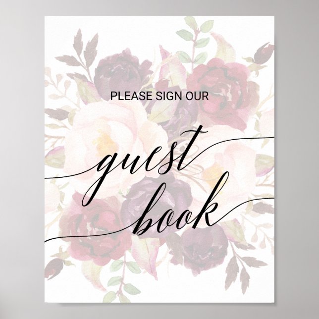 Elegant Calligraphy Faded Floral Guest Book Sign (Front)