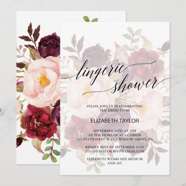Elegant Calligraphy | Faded Floral Lingerie Shower Invitation (Front/Back)