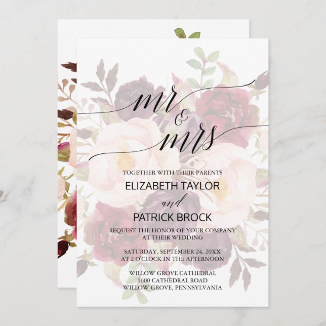 Elegant Calligraphy Faded Floral Mr & Mrs Wedding Invitation (Front/Back)