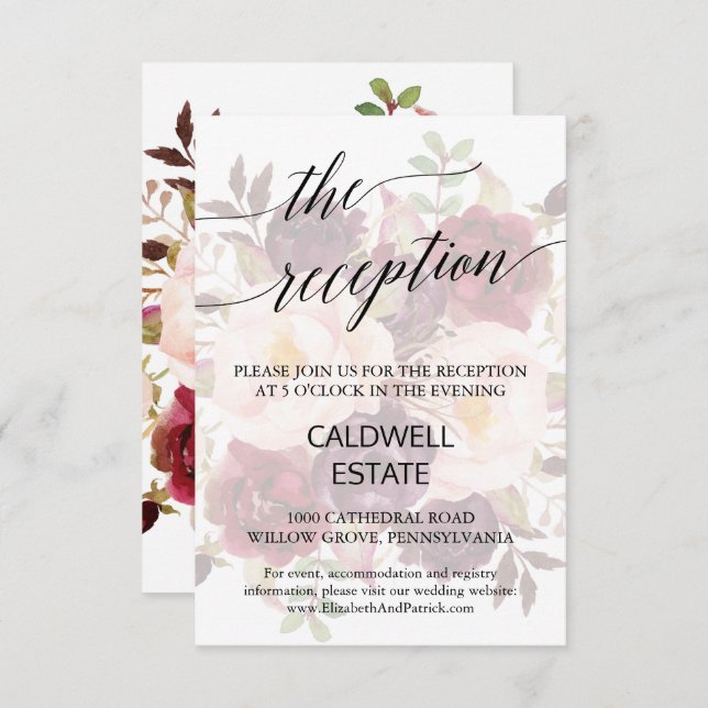 Elegant Calligraphy Faded Floral Reception Card (Front/Back)
