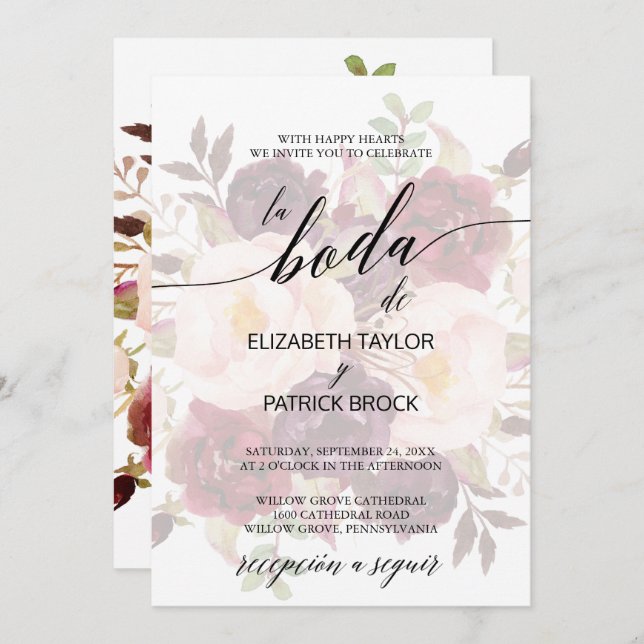 Elegant Calligraphy | Faded Floral Spanish Wedding Invitation (Front/Back)