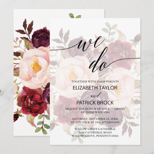 Elegant Calligraphy | Faded Floral We Do Wedding Invitation (Front/Back)