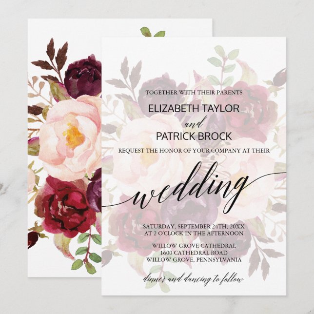 Elegant Calligraphy | Faded Floral Wedding Invitation (Front/Back)