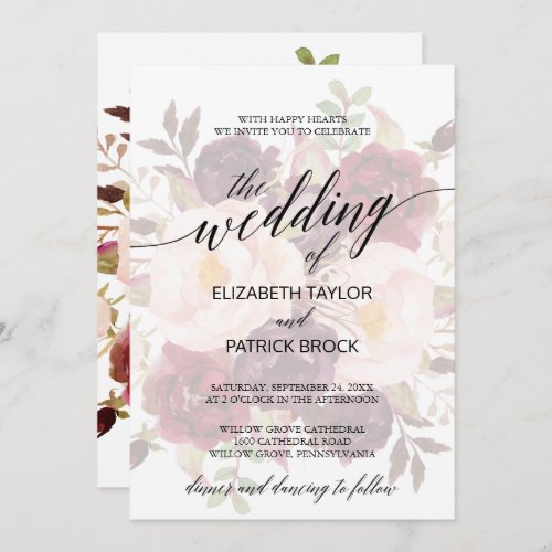 Elegant Calligraphy  Faded Floral Wedding Invitation