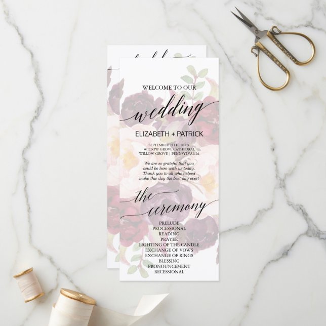 Elegant Calligraphy | Faded Floral Wedding Program (Front/Back In Situ)