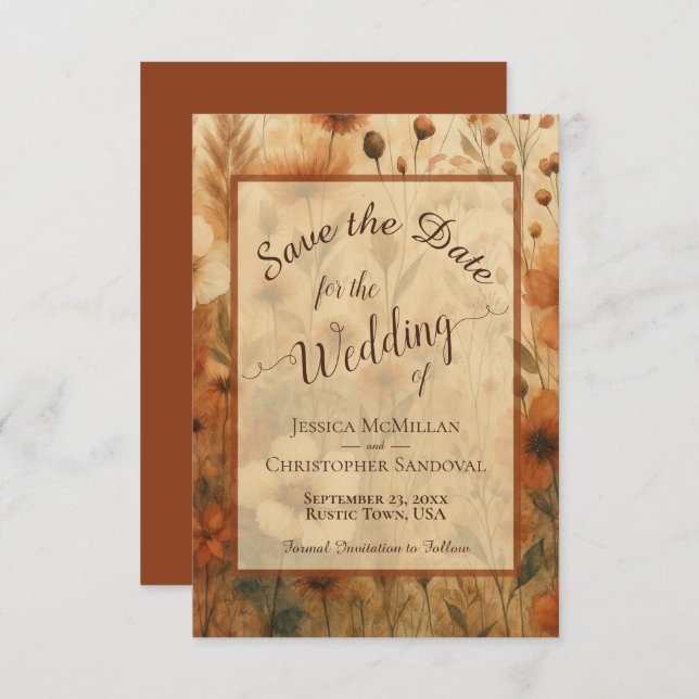 Elegant Calligraphy Fall Boho Wildflowers Wedding Save The Date (Front/Back)