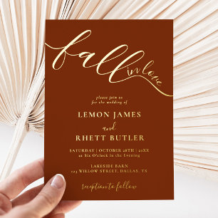 Elegant Calligraphy Fall In Love Wedding Gold Foil Invitation
