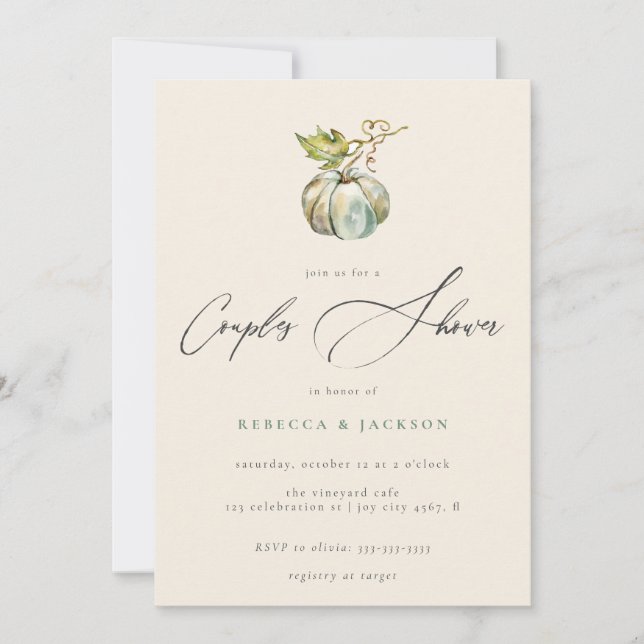 Elegant Calligraphy Fall Pumpkin Couples Shower Invitation (Front)
