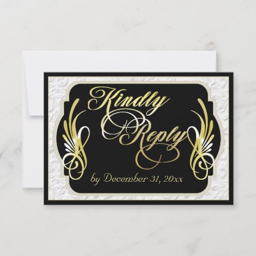 Elegant Calligraphy & Faux Embossed - Gold/Black RSVP Card