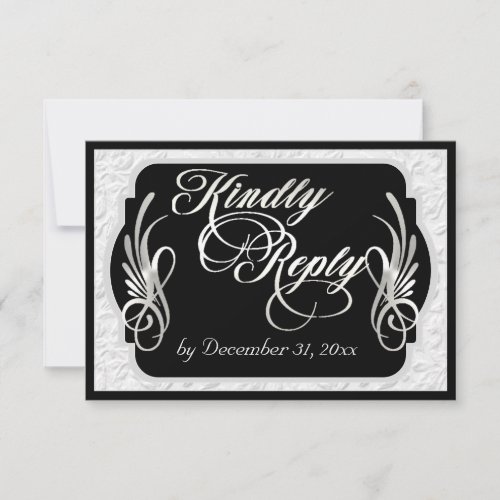 Elegant Calligraphy & Faux Embossed - Silver/Black RSVP Card