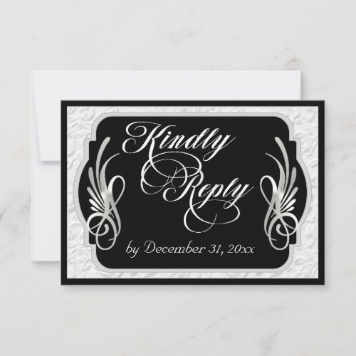 Elegant Calligraphy & Faux Embossed - Silver/Black RSVP Card