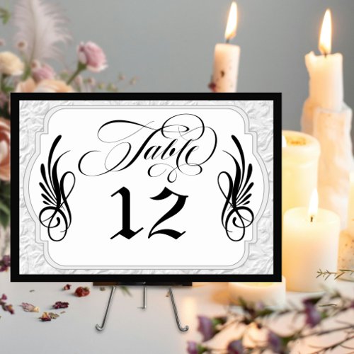 Elegant Calligraphy Faux Embossed - White/Black Table Number