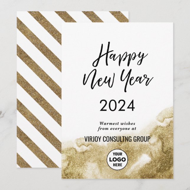 Elegant Calligraphy Festive Gold Glitter Corporate Holiday Card (Front/Back)