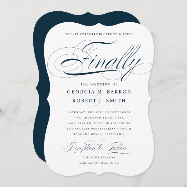 Elegant Calligraphy Finally Dark Navy Wedding Invitation (Front/Back)