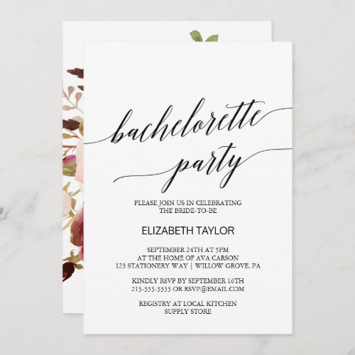 Elegant Calligraphy  Floral Bachelorette Party Invitation