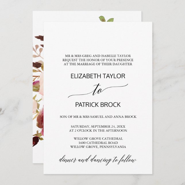 Elegant Calligraphy | Floral Back Formal Wedding Invitation (Front/Back)