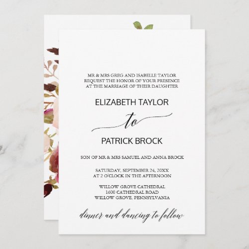 Elegant Calligraphy  Floral Back Formal Wedding Invitation