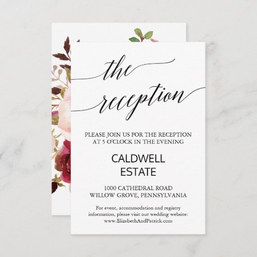 Elegant Calligraphy  Floral Back Reception Card