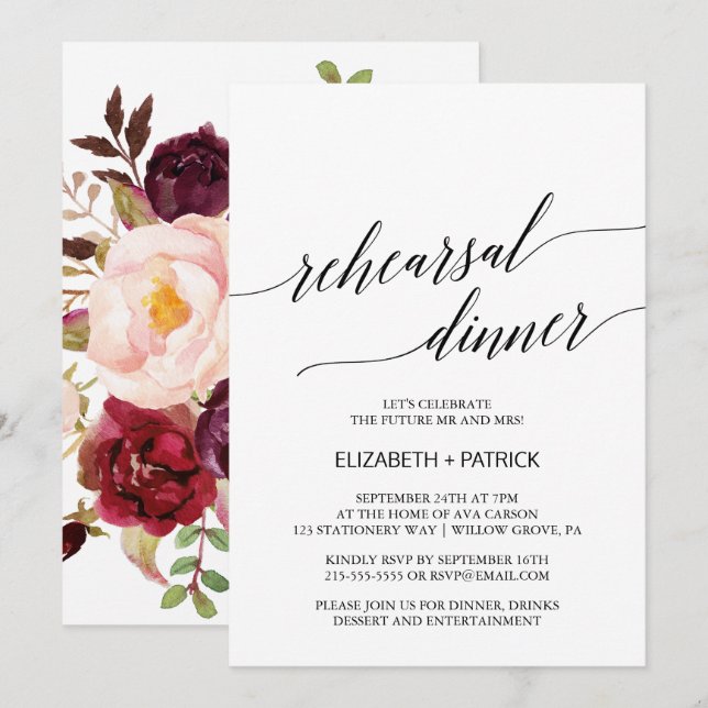Elegant Calligraphy | Floral Back Rehearsal Dinner Invitation (Front/Back)