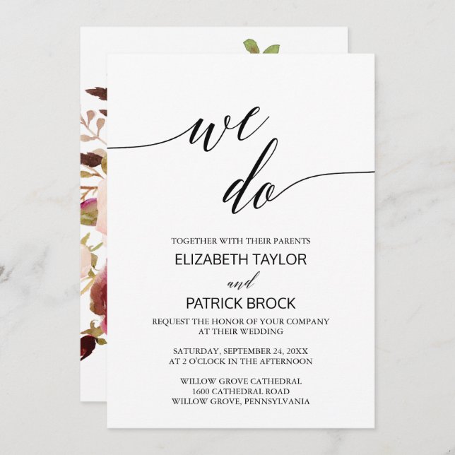 Elegant Calligraphy | Floral Back "We Do" Wedding Invitation (Front/Back)