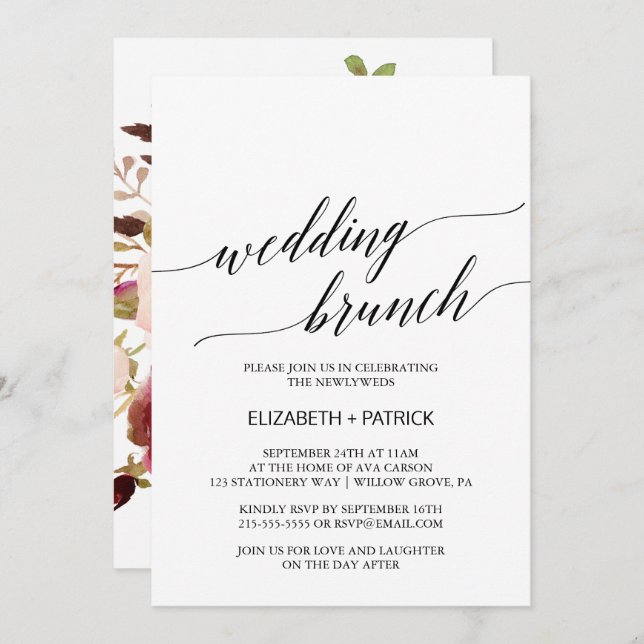 Elegant Calligraphy | Floral Back Wedding Brunch Invitation (Front/Back)