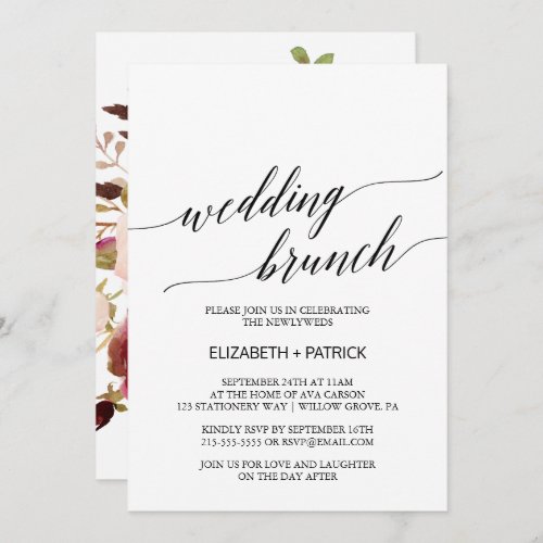 Elegant Calligraphy  Floral Back Wedding Brunch Invitation