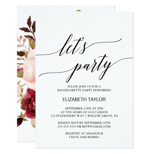 Elegant Calligraphy | Floral Backing Let's Party Invitation