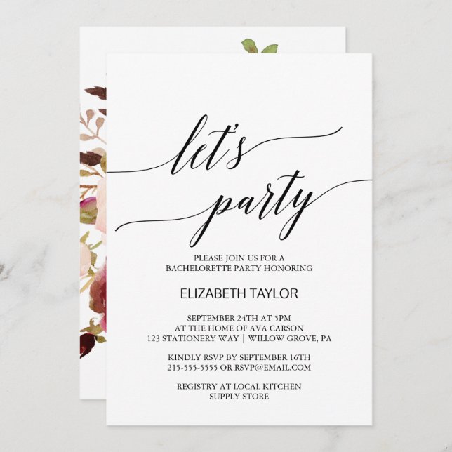 Elegant Calligraphy | Floral Backing Let's Party Invitation (Front/Back)
