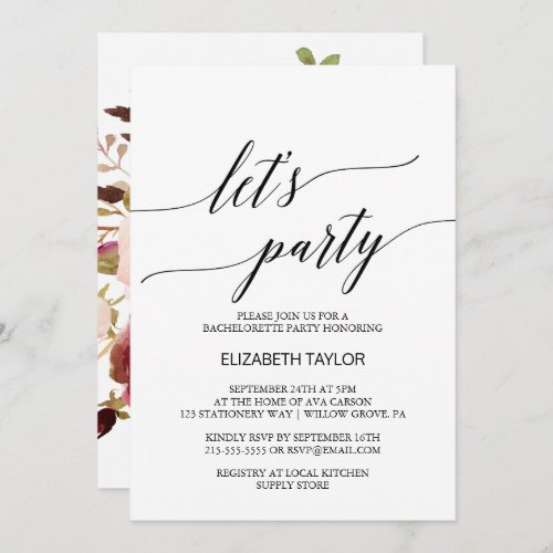 Elegant Calligraphy  Floral Backing Lets Party Invitation
