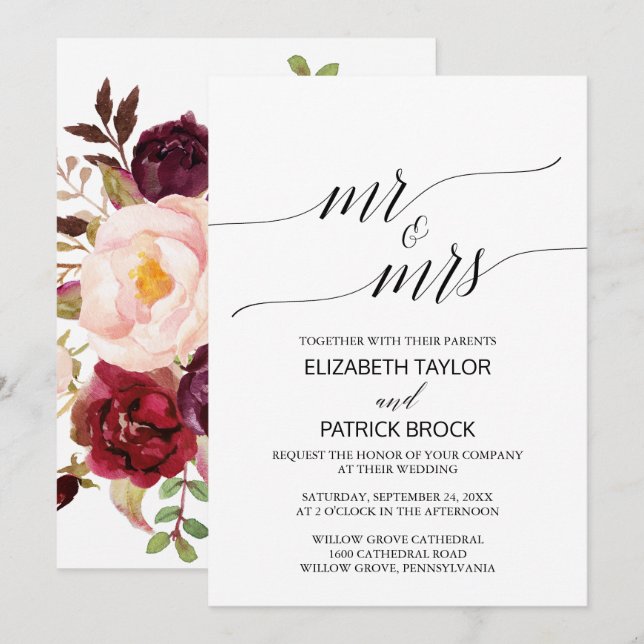 Elegant Calligraphy | Floral "Mr & Mrs" Wedding Invitation (Front/Back)