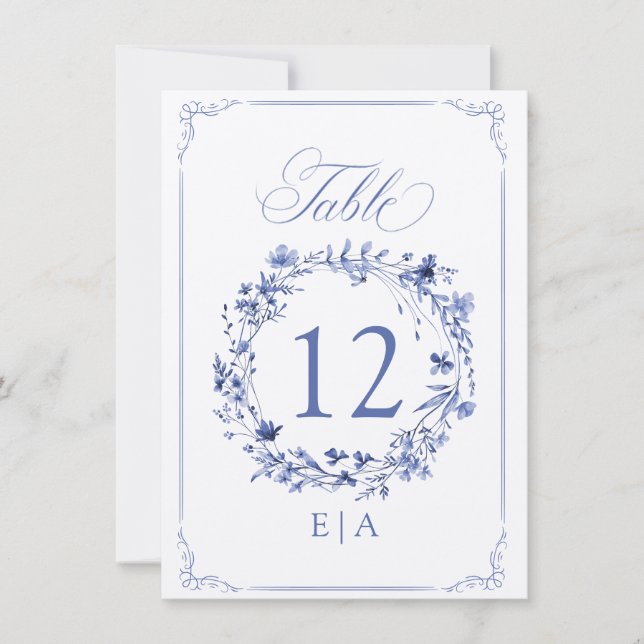 Elegant Calligraphy Floral Wreath Table Number (Front)