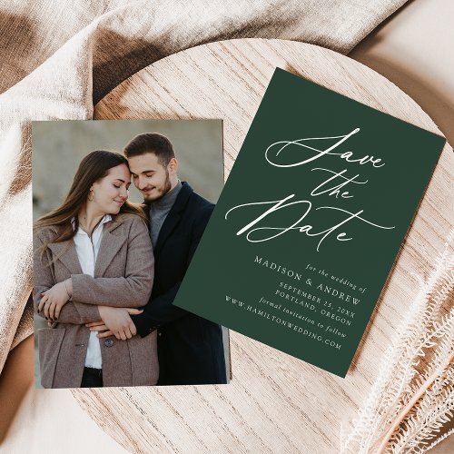 Elegant Calligraphy Forest Green Photo Wedding Save The Date