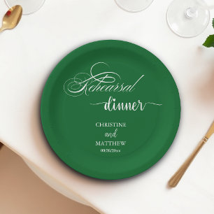 Elegant Calligraphy Forest Green Rehearsal Dinner Paper Plates