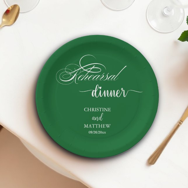Elegant Calligraphy Forest Green Rehearsal Dinner  Paper Plates (Creator Uploaded)
