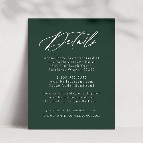 Elegant Calligraphy Forest Green Wedding Details Enclosure Card