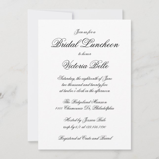 Elegant Calligraphy Formal Bridal Luncheon Invitation (Front)