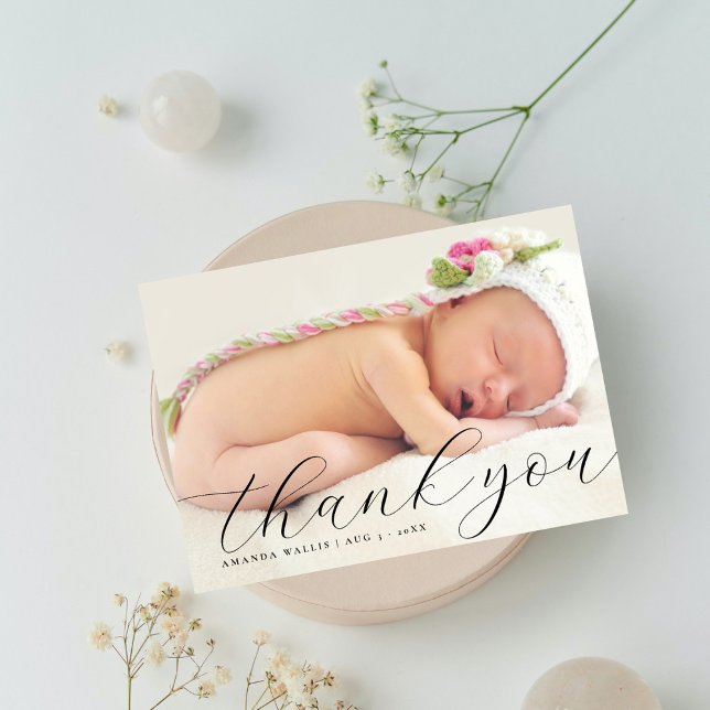 Elegant Calligraphy Full Photo Thank You Birth Announcement (Creator Uploaded)