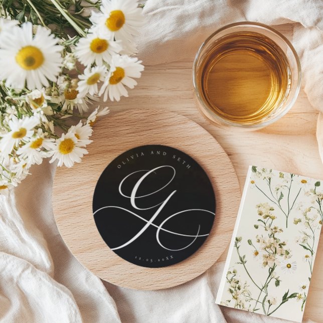 Elegant Calligraphy “G” Black Wedding Round Paper Coaster (Creator Uploaded)