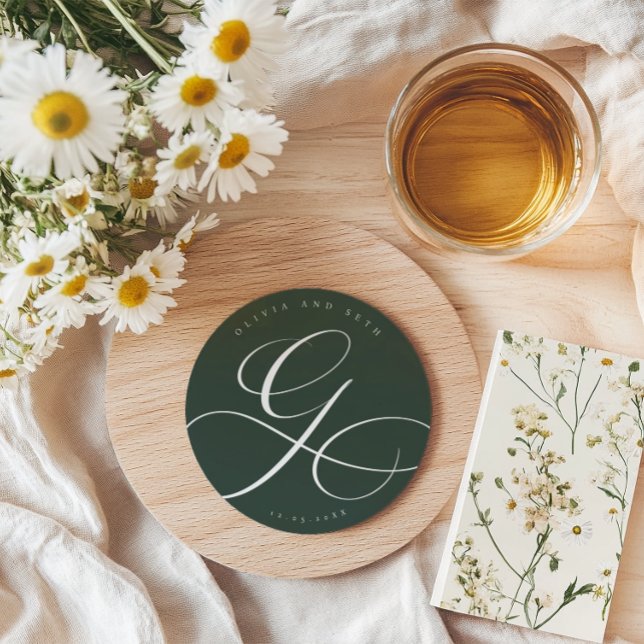 Elegant Calligraphy “G” Dark Green Wedding Round Paper Coaster (Creator Uploaded)