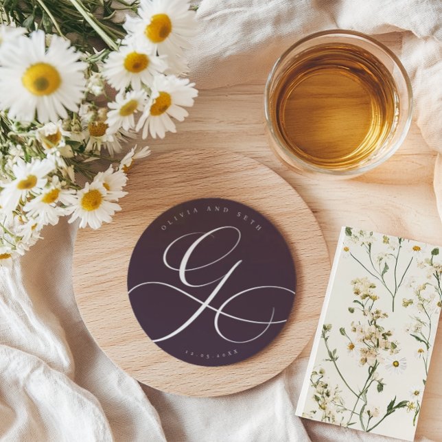 Elegant Calligraphy “G” Plum Wedding Round Paper Coaster (Creator Uploaded)