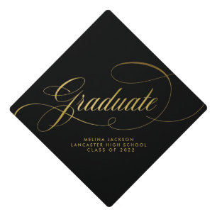 Elegant Calligraphy Gold and Black Graduate Graduation Cap Topper