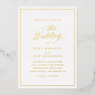 Elegant calligraphy gold and white wedding foil invitation