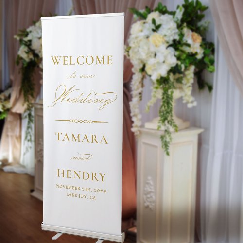 Elegant Calligraphy Gold and White Wedding Welcome Retractable Banner