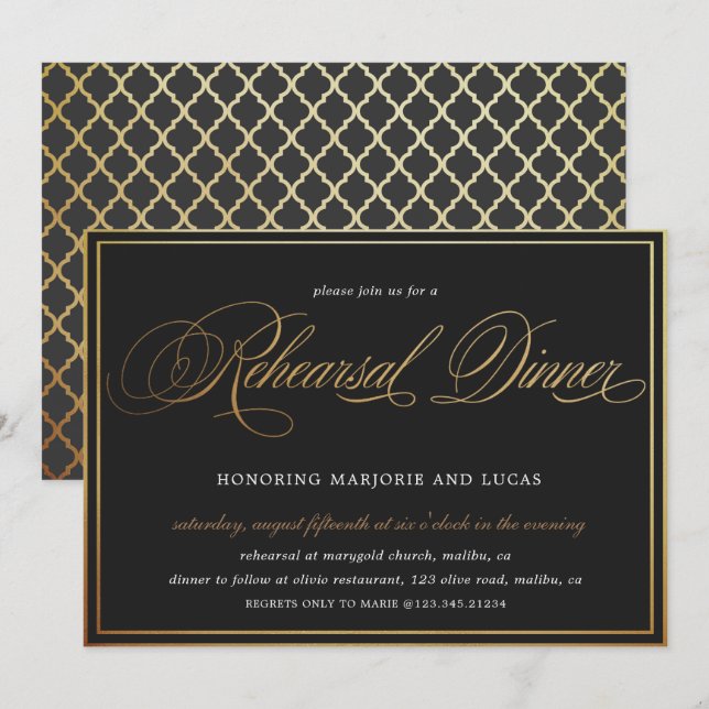 elegant calligraphy gold black Rehearsal Dinner Invitation (Front/Back)