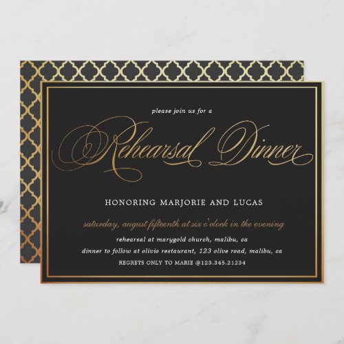 elegant calligraphy gold black Rehearsal Dinner Invitation