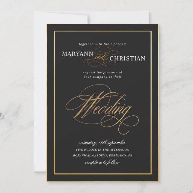 elegant calligraphy gold black wedding invitation (Front)